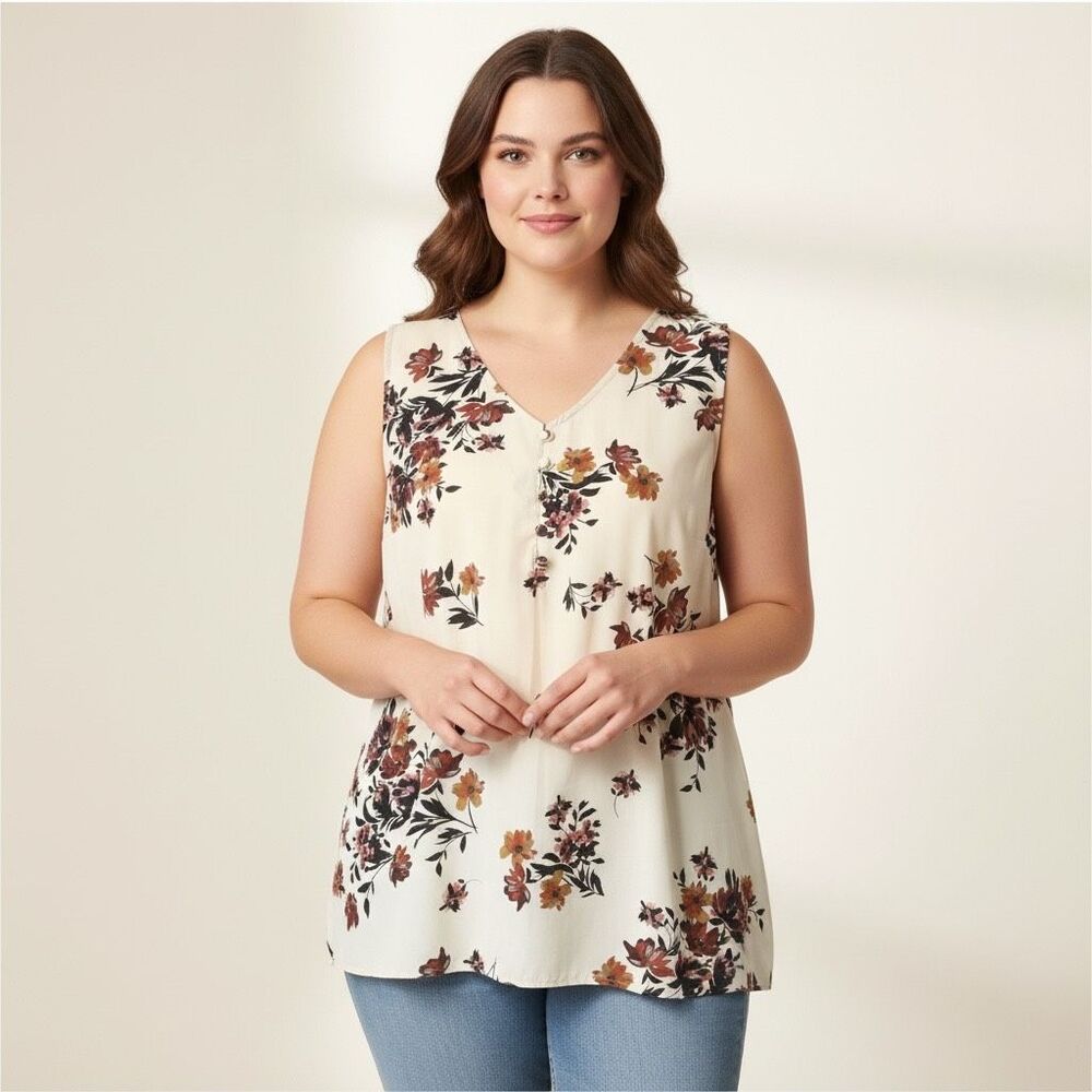 Torrid Ivory Floral Georgette and Knit Sleeveless Tunic Top Tank Sz 2X